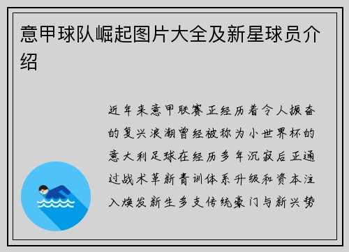 意甲球队崛起图片大全及新星球员介绍